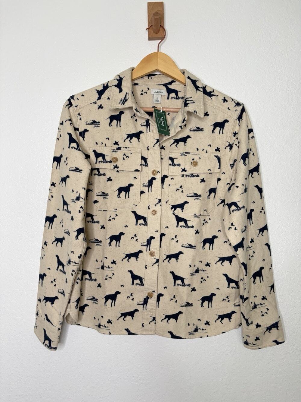 NWT L.L. Bean Women's Vintage Chamois Shirt Dog Print Flannel Button Up Shirt SP